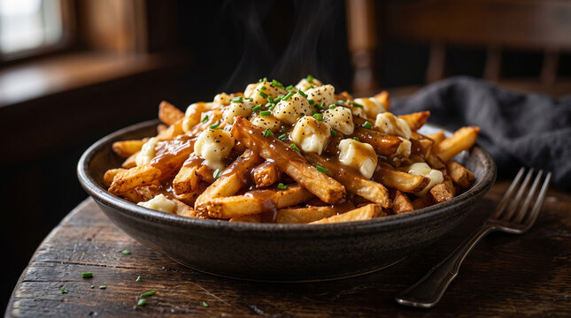 Poutine, french fries and cheese curds topped with a hot brown gravy