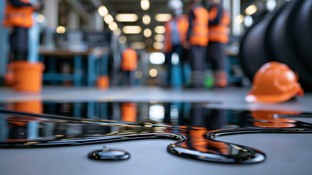 Close-up of dark machine oil spill on industrial factory floor with defocused workers in background, workplace safety and hazard prevention concept, with copy space