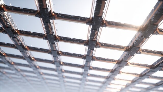 Abstract geometric grid with copper traces and dark modular blocks