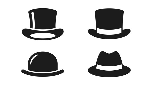 Hat icon set featuring classic top hats and fedora designs in flat black vector illustration style