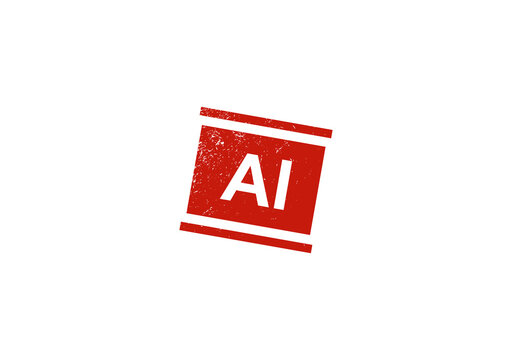 Red square stamp icon with ai text inside featuring a rustic texture and a tilted design representing artificial intelligence technology and digital machine learning concept symbol