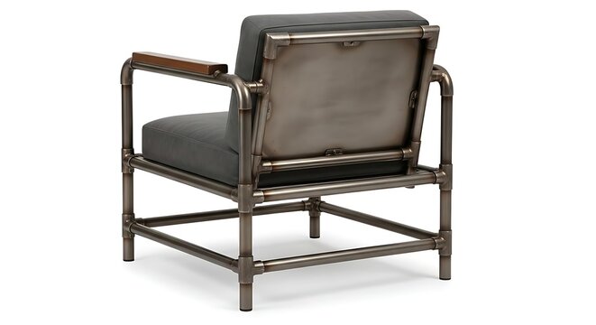 Industrial style armchair featuring dark gray upholstery and sturdy metallic pipe frame structural support