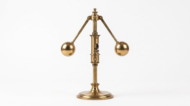 Brass flyball governor with spinning arms, centrifugal force physics concept on white background