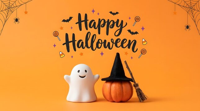 A cute little ghost figurine standing next to a small pumpkin wearing a witch hat on a vibrant orange background for halloween holiday celebration