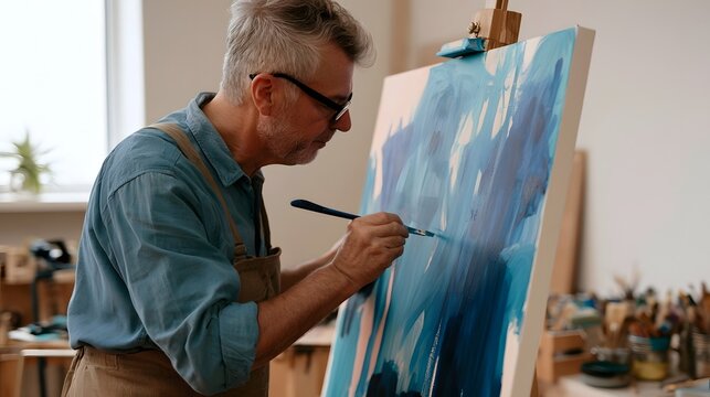 An older man with glasses is painting abstract blue artwork on a canvas using a brush in a well lit studio