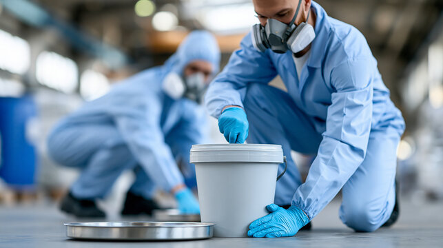 Faceless hazmat team cleaning chemical spill in industrial factory wearing protective suits and gas masks, decontamination safety protocol concept, defocused background, with copy