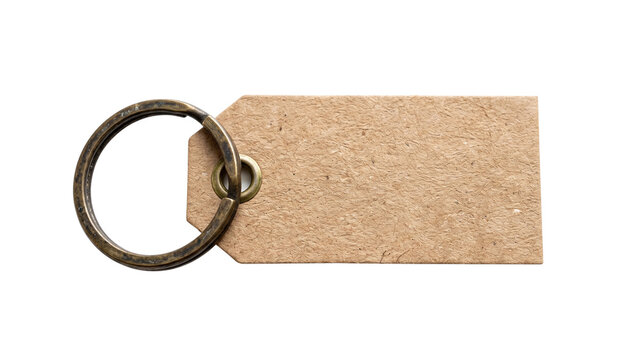 A rustic paper tag attached to a metal key ring, offering a simple and customizable label for various uses
