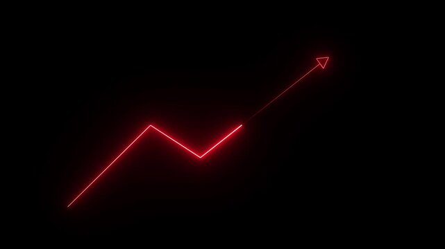 Animated glowing red neon business growth arrow on a black background, symbolizing financial growth, increasing revenue, rising sales, business success, investment performance,4K Motion Graphics.