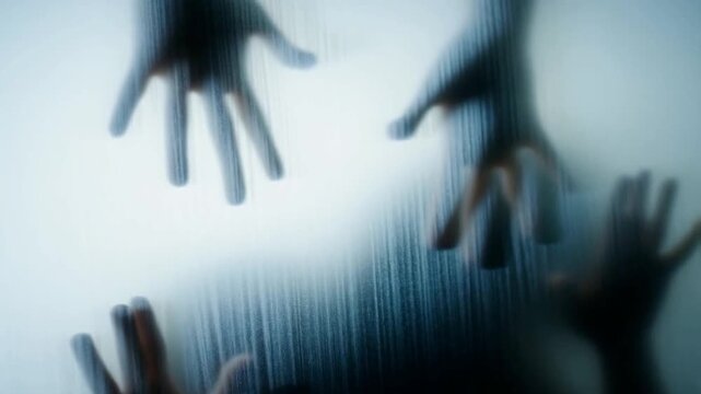 Shadowy hands press frantically against a frosted glass pane, creating an eerie, trapped, and terrifying visual effect.