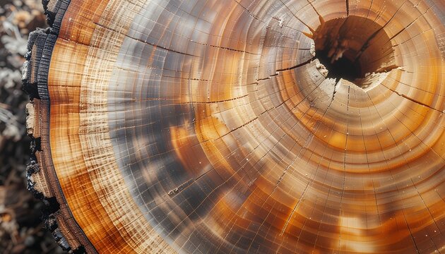 The cross-section of a log in warm orange tones reveals intricate patterns&mdash;featuring a blend of orange and black hues&mdash;across the face of the trunk or stump; the imagery captures both the raw, natural 