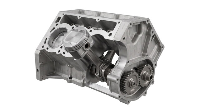 High Performance V Engine Block with Piston and Gears Isolated Element Cutout PNG Component for Automotive Engineering