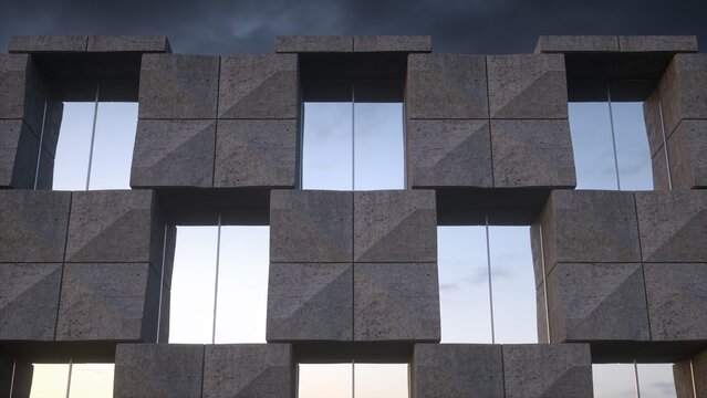 Brutalist concrete block geometric facade with reflective windows