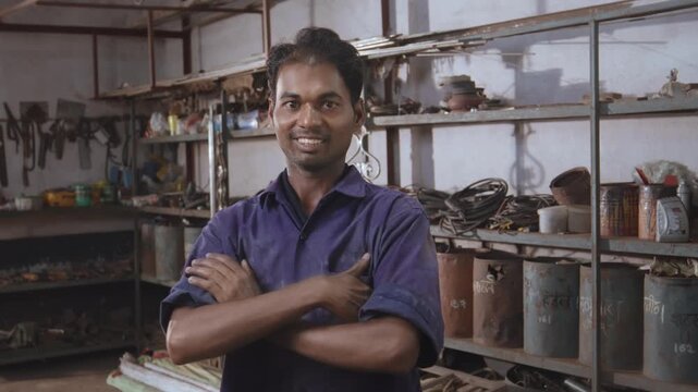 Young Indian skilled, confident male fabricator wearing a uniform, standing with crossed arms, looking at the camera smiling in a fabrication workshop surrounded by tools, equipment, and raw materials