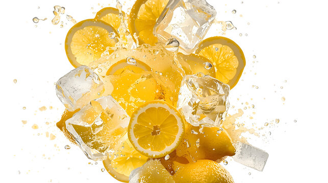 Lemon Slice Explosion: Refreshing lemon slices, whole lemons, and ice cubes explode in a burst of citrusy delight, creating a vibrant and invigorating splash.