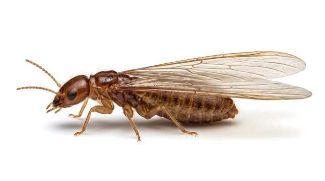 A detailed side view of a winged termite isolated on a white background.