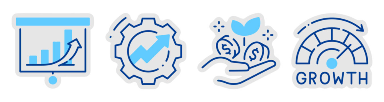 Growth and finance icons showing chart, investment, improvement. Editable stroke