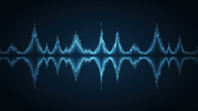 Abstract sound wave equalizer in blue glowing particles on dark background.