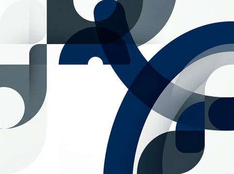 Abstract overlapping geometric composition with blue and grey curved shapes on white background