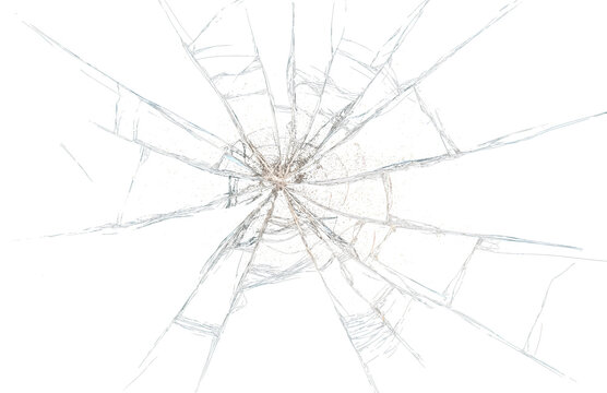 Broken glass hole effect isolated on transparent background, useful for impact, damage and cracked glass overlays.