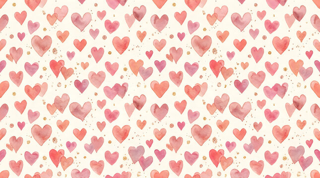 Seamless pattern with many small colorful hearts in soft pink and orange tones
