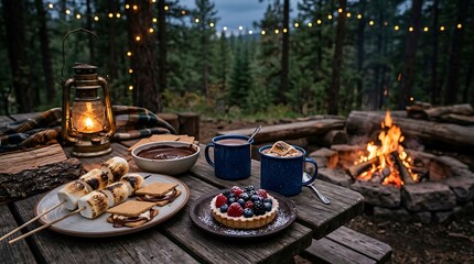 Fototapeta premium Delicious s mores and berry tart served on a wooden table by a campfire at night. cozy campsite cuisine