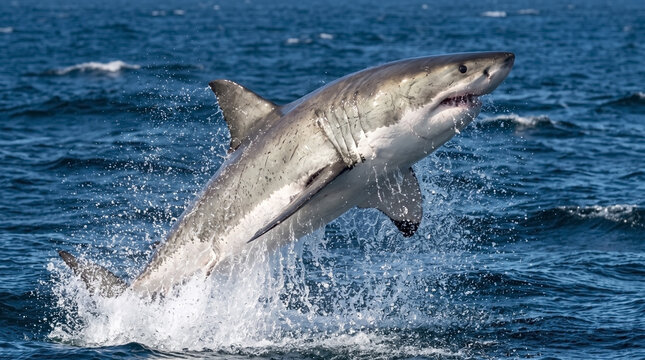 Powerful great white shark breaching dramatically out of ocean water with a splash. Majestic great white shark body emerging from waves during hunting.