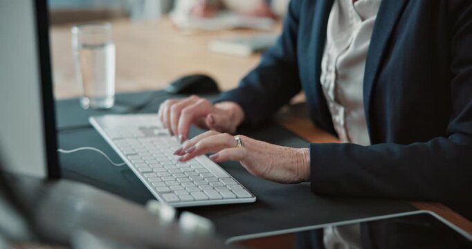 Research, keyboard or hands in office with computer, project review or feedback on funding pitch. Typing, woman or finance advisor with tech, report update or proposal draft on investment opportunity