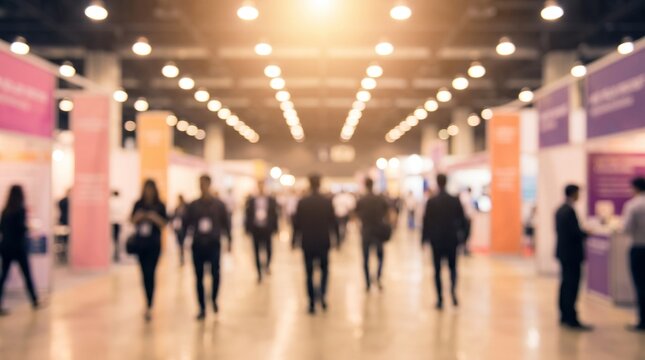 Blurred view of crowd walking at a busy trade show or convention center with bright overhead lights creating a warm, inviting atmosphere, showcasing the energy of networking and public events.