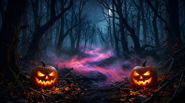 Spooky halloween scene with glowing jack o lanterns on a dark forest path with mysterious pink mist