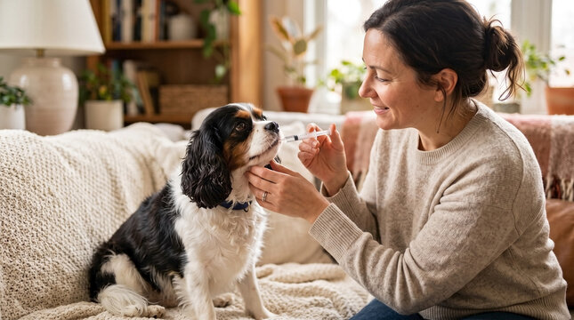 Woman providing pet care for Cavalier King Charles Spaniel at home. Owner gently administering medicine to her dog on a cozy couch, essential pet care for animal wellness.