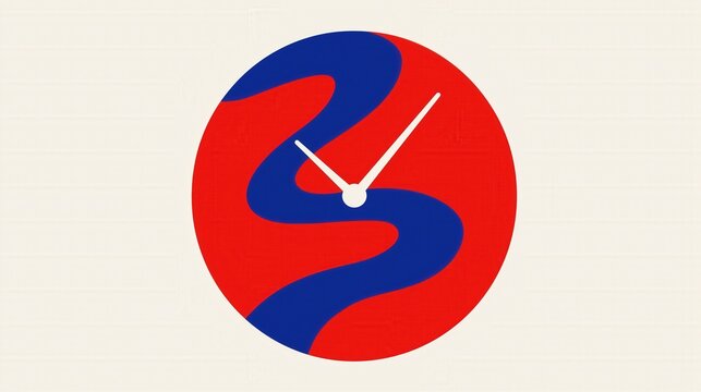 A minimalist flat design of a red clock face featuring blue wavy patterns and white hands, representing the concept of time, flow, and motion.