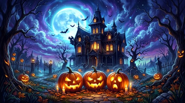 Spooky haunted mansion with glowing jack o lanterns under a full moon on a dark halloween night
