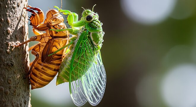 Cicada emerging from its shell molting translucent wings