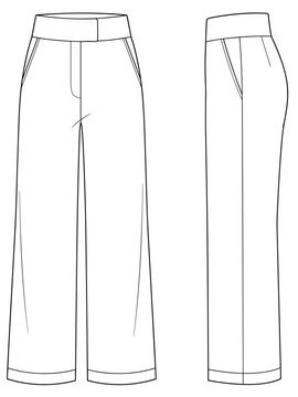 high waist wide leg trousers front and side view flat sketch vector illustration technical cad drawing template transparent background