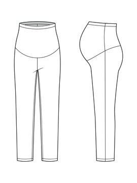 maternity high waist comfort leggings front and side view flat sketch vector illustration technical cad drawing template transparent background