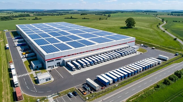 Advanced logistics architecture showcasing a large scale storage building integrated with green power solutions. Drone view of heavy transport trucks at cargo bays in a serene grassy field location.