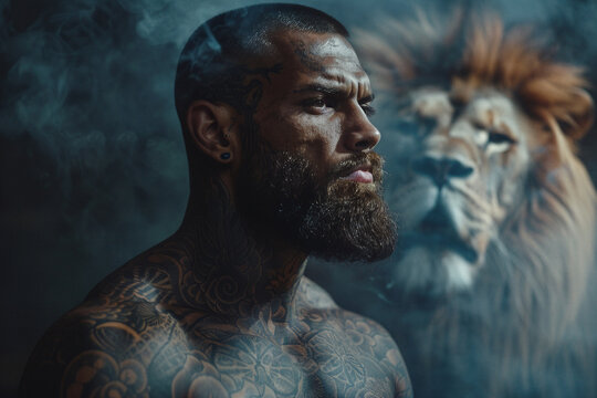 Bearded tattooed man in profile with a lion in blue haze