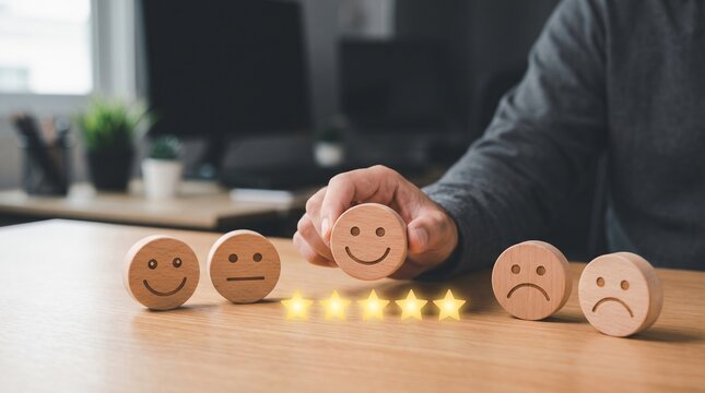Customer experience concept with wooden blocks showing positive and negative feedback options arranged on table while person selects happy face for best service quality review rating.