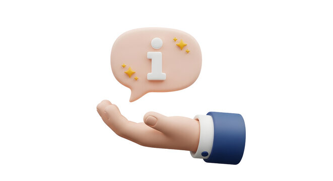 3d hand holding a speech bubble with an information icon for customer support and help concepts