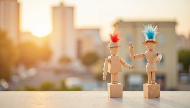 Wooden figurines celebrating with colorful hats during sunset  