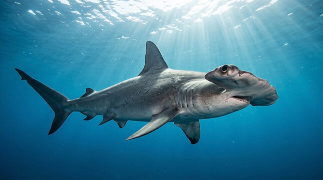 Underwater photograph of hammerhead shark swimming through clear tropical ocean. Majestic hammerhead shark glides through sunlit blue depths, showcasing marine life. Ocean conservation, research