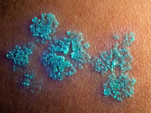 Bacterial colony on skin surface, showcasing vibrant colors and intricate patterns