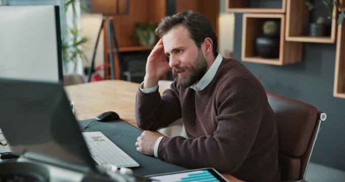 Headache, stress and business man on computer for frustrated, pressure and financial crisis. Corporate, tired and person with head pain, migraine or overwhelmed for failure, mistake and finance audit