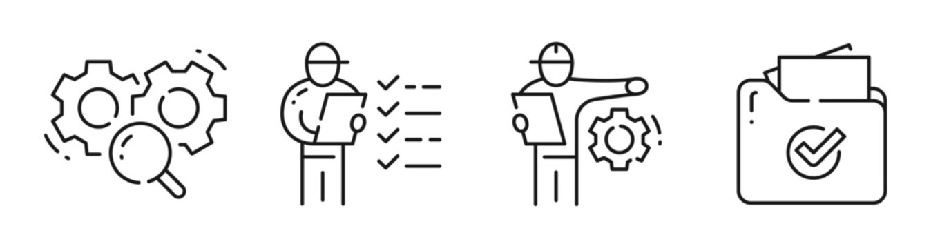 Workflow icons showing process audit review and completed tasks. Editable stroke