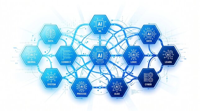Hexagonal node networks in gradient blue tones, symbolizing artificial intelligence, machine learning, and digital connectivity visualization.