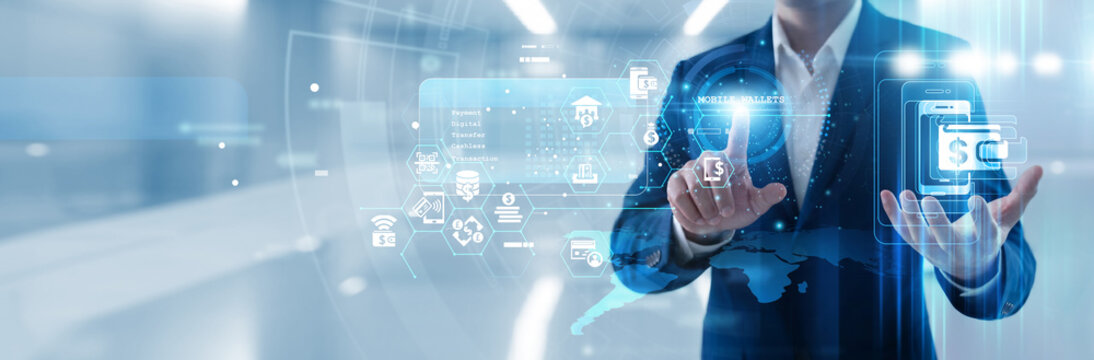 Financial tech hand touch name of mobile wallets icon on payment terminal to facilitate contactless transactions, manage digital currency and secure peer to peer money transfers easily.