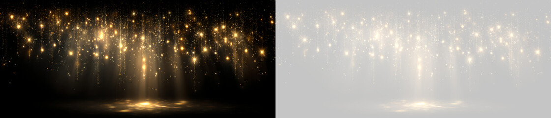 Cascading golden glitter lights with shining beam on black and transparent grid. Glowing magic sparkle overlay banner © Серёга Гончаренко