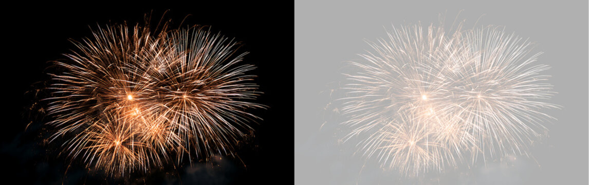 Bright golden fireworks display burst overlay isolated on transparent background. Celebration lights for New Year party, holiday and festival