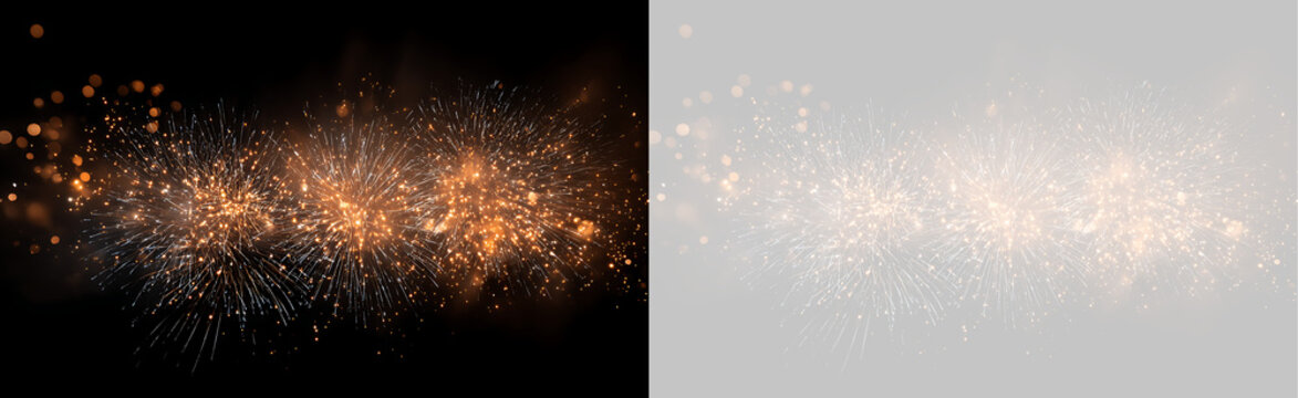 Golden fireworks overlay with bokeh lights isolated on transparent background. Wide horizontal burst element for festive Christmas and New Year banner