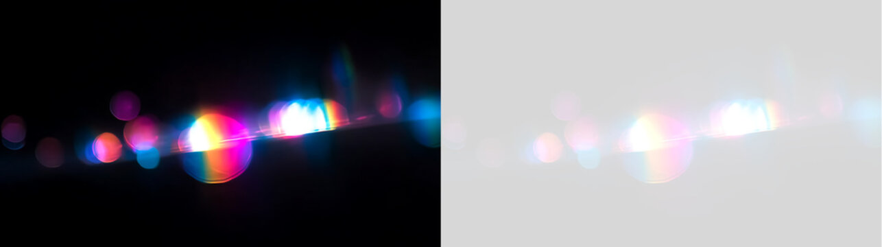 Bright anamorphic flare light leak overlay with colorful rainbow bokeh. Prismatic optical glare isolated on transparent background